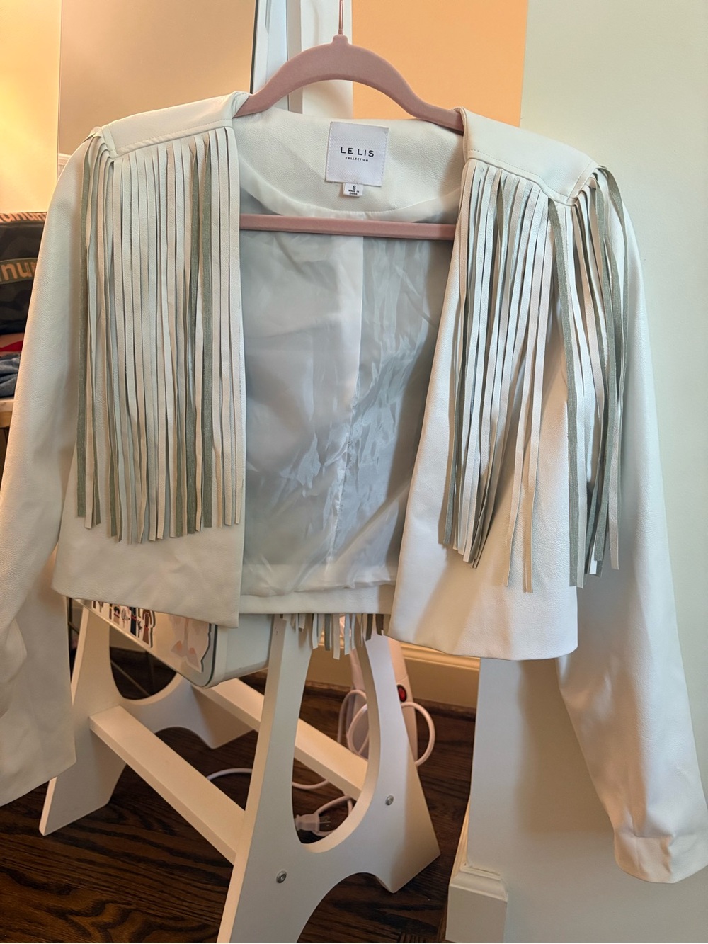 Le Lis Cream Fringe Faux Leather Jacket